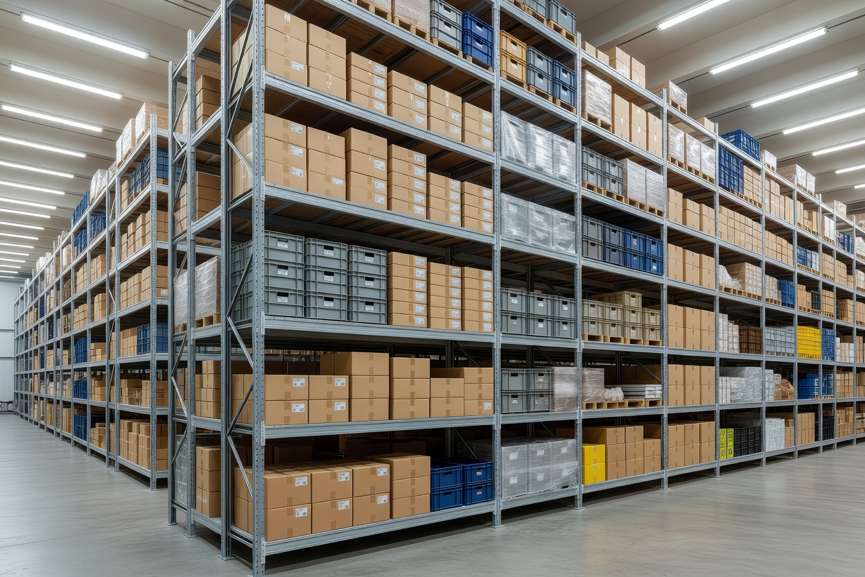 Boxed goods and products organised systematically on warehouse shelves