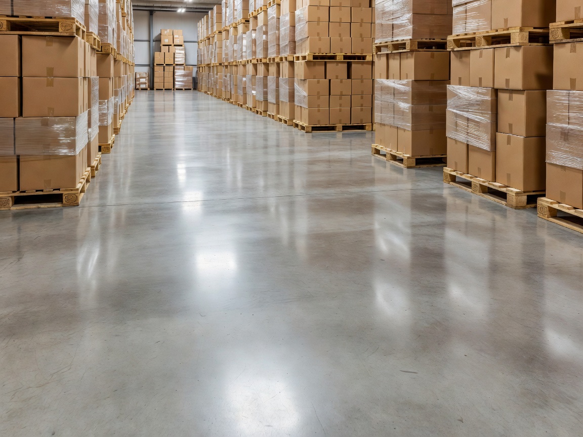 Clean warehouse floor with neatly stacked goods on wooden pallets ready for storage