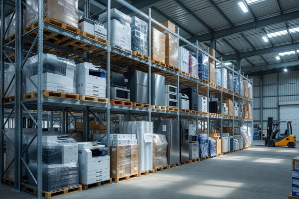 Commercial business equipment and wrapped goods stored in warehouse