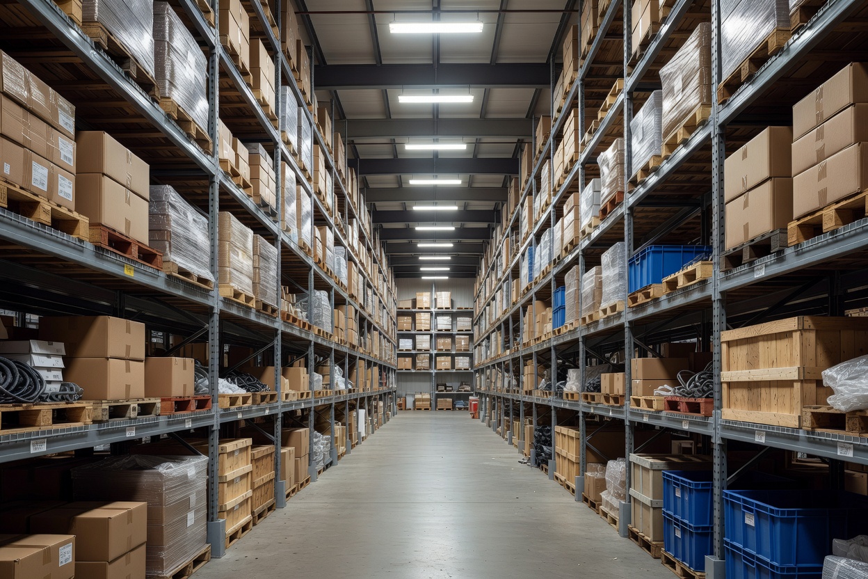 General warehouse storage aisles with tall steel shelving units