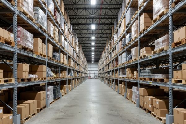 General warehouse storage aisles with tall steel shelving