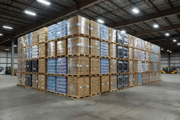 Large scale bulk merchandise stacked securely on warehouse floor