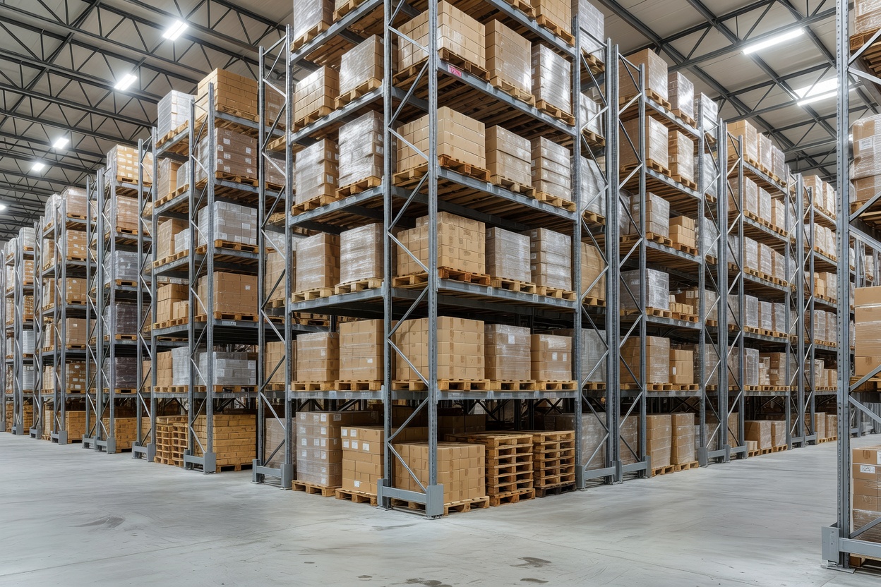 Organised commercial warehouse interior with tall steel storage racks and stacked wooden pallets