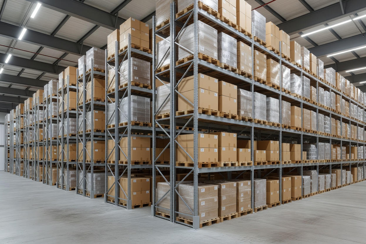 Organised long term storage bays in industrial warehouse