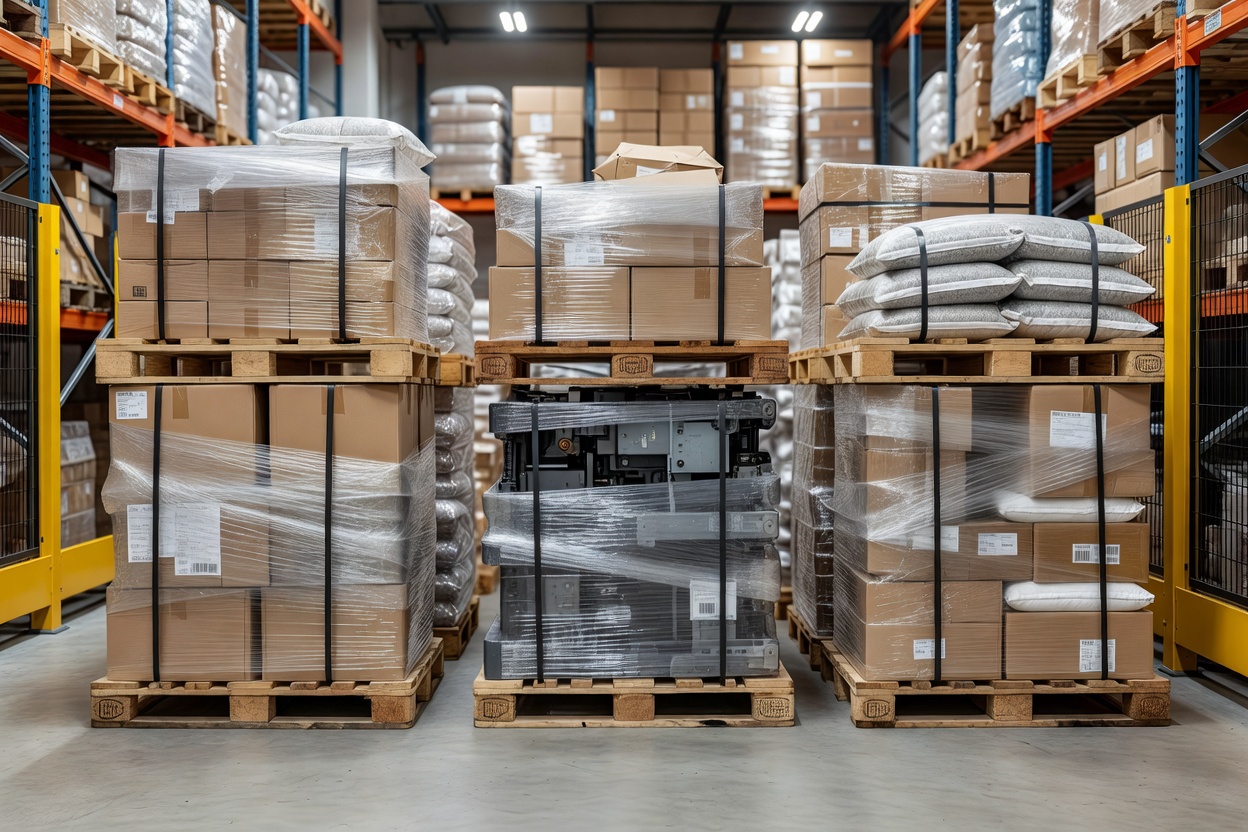 Pallets of goods held securely in designated storage holding area