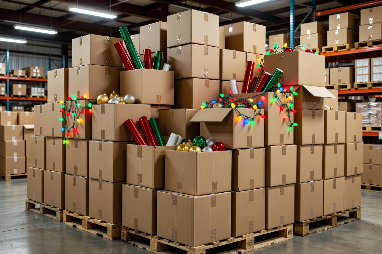 Seasonal inventory packed in boxes ready for holiday peak distribution