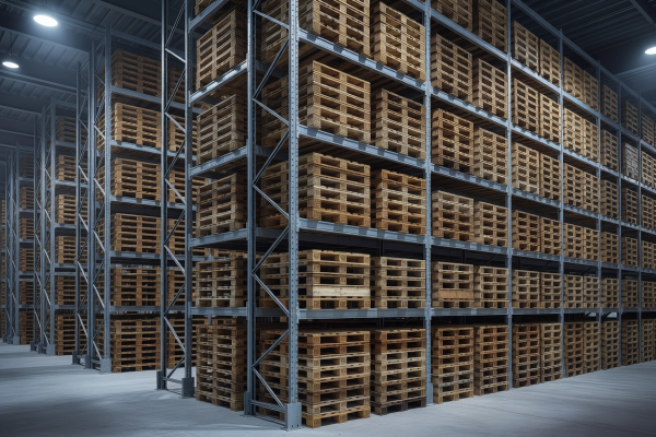 Standard wooden pallets stacked neatly in heavy-duty warehouse racking