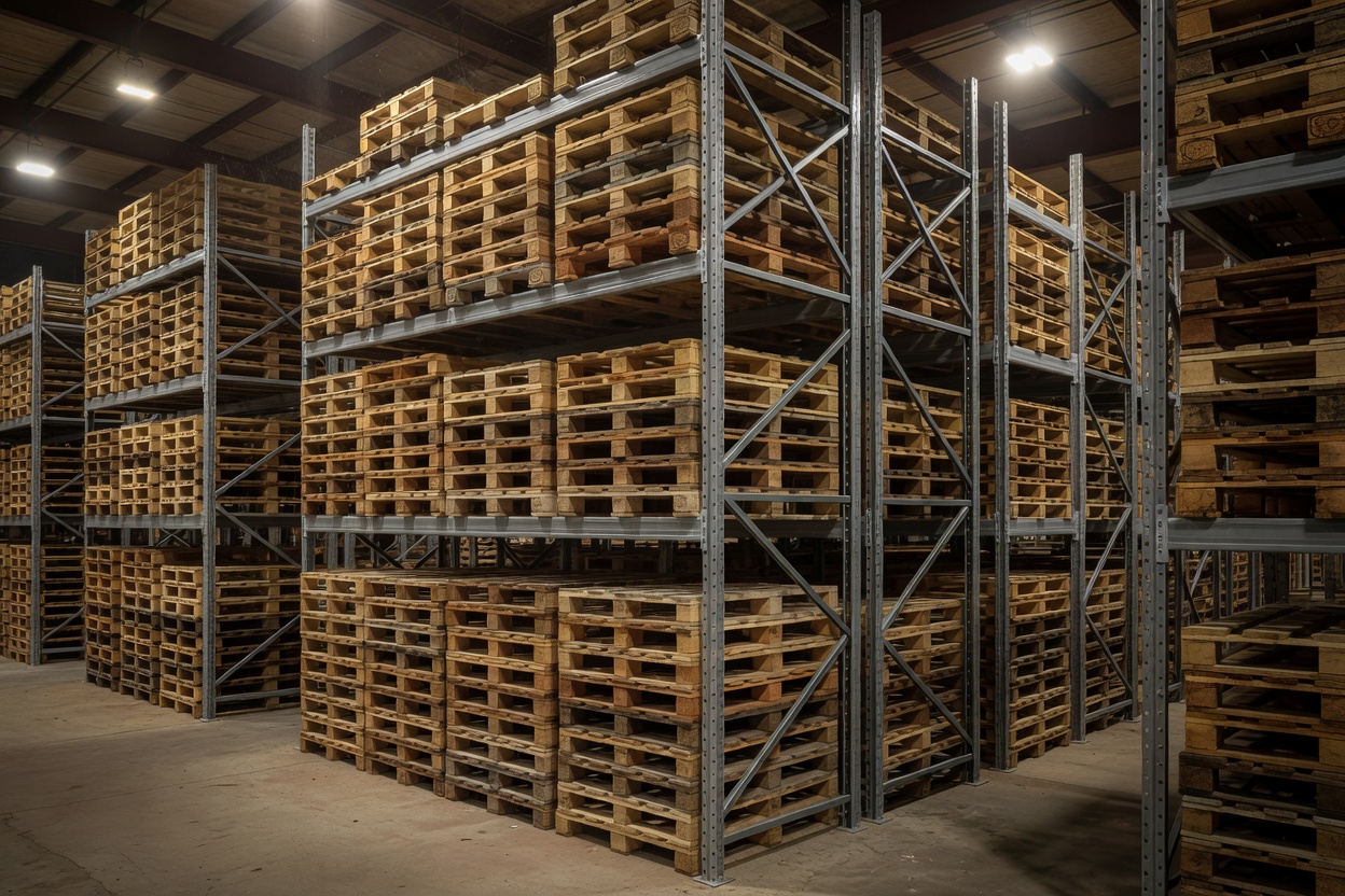 Standard wooden pallets stored in heavy-duty industrial pallet racking