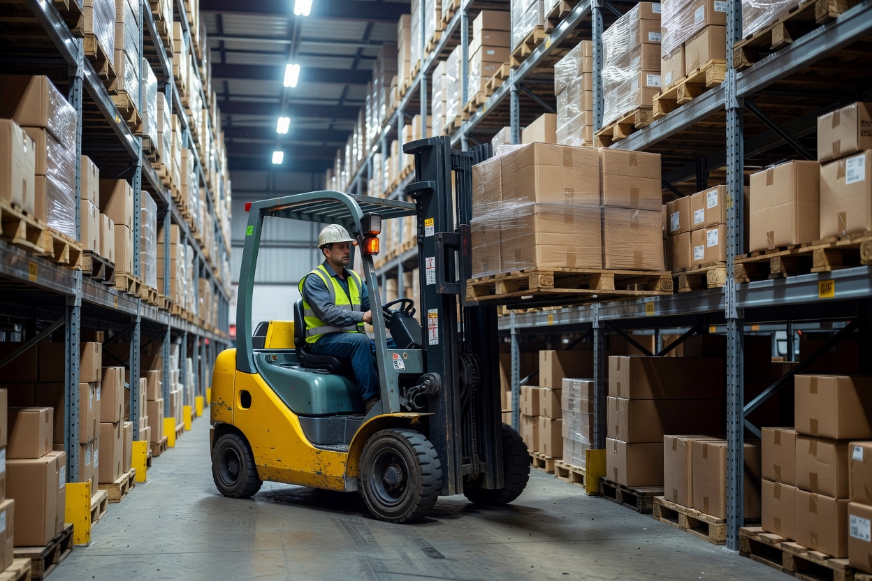 Warehouse forklift moving pallets carefully through warehouse aisle