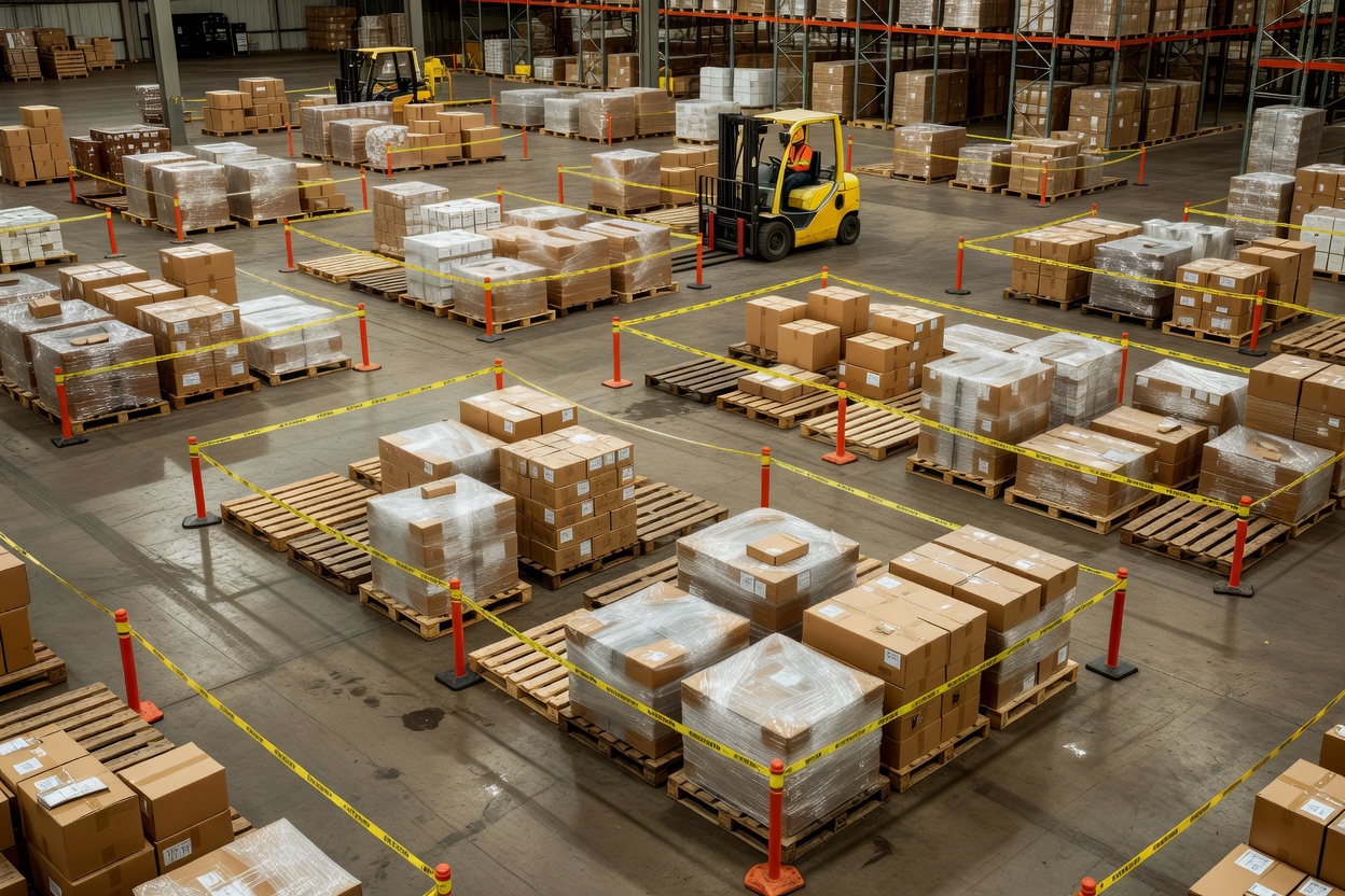 Warehouse staging floor with temporary pallet holding